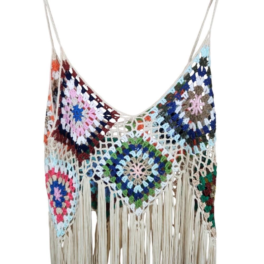 Shein 2X Crochet Festival Open Knit Tank Top Long Fringe Boho Granny Square Plus - Picture 3 of 9